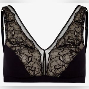 Hanro Selma black lace insert unpadded bra. Warm sand. New, no tag. Medium (10…